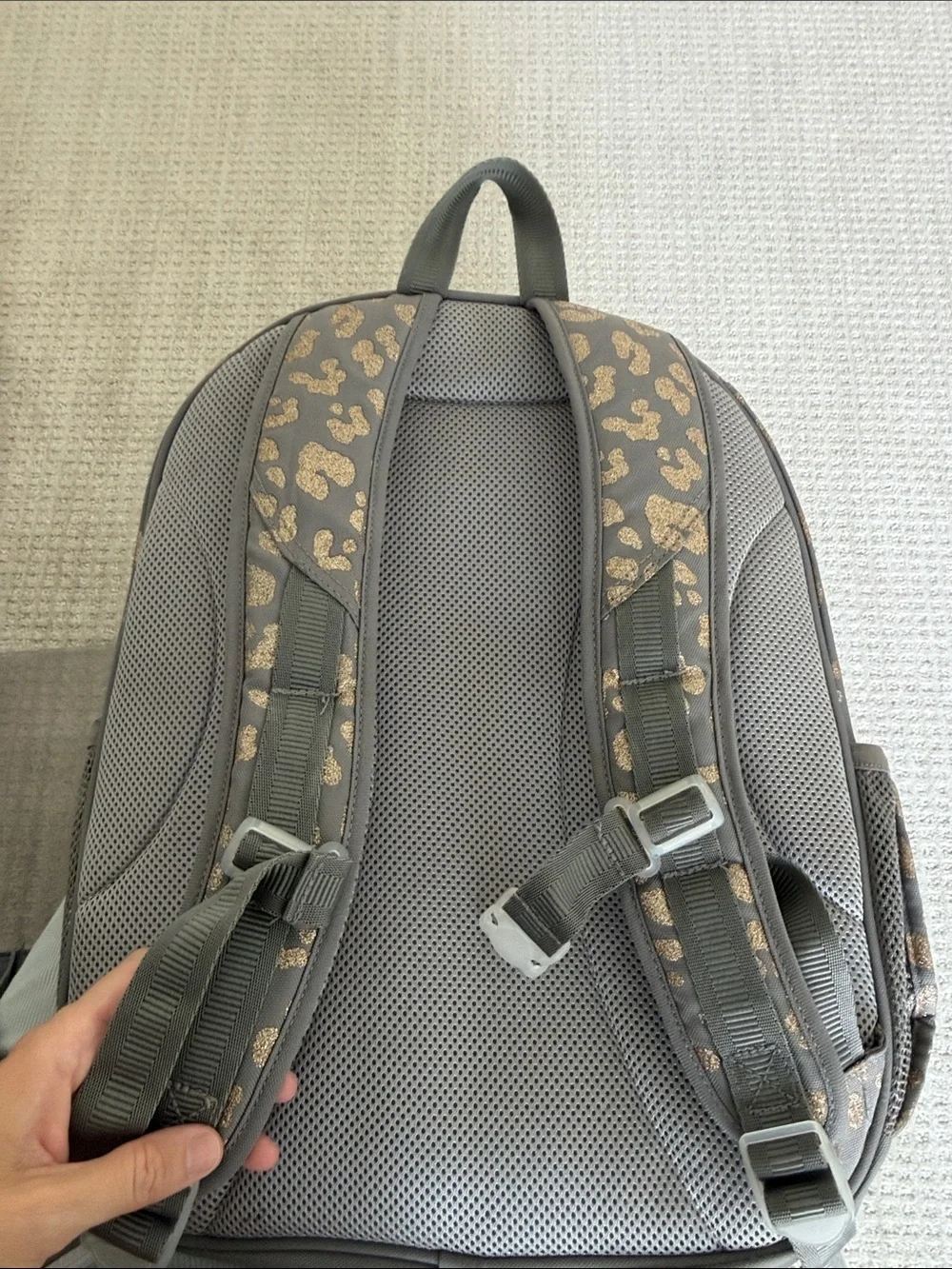 Pottery Barn Kids Gray Girls' Leopard Print Cat Backpack with Gold Accents XL